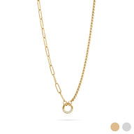 Gold necklace with a small circular pendant on a white background