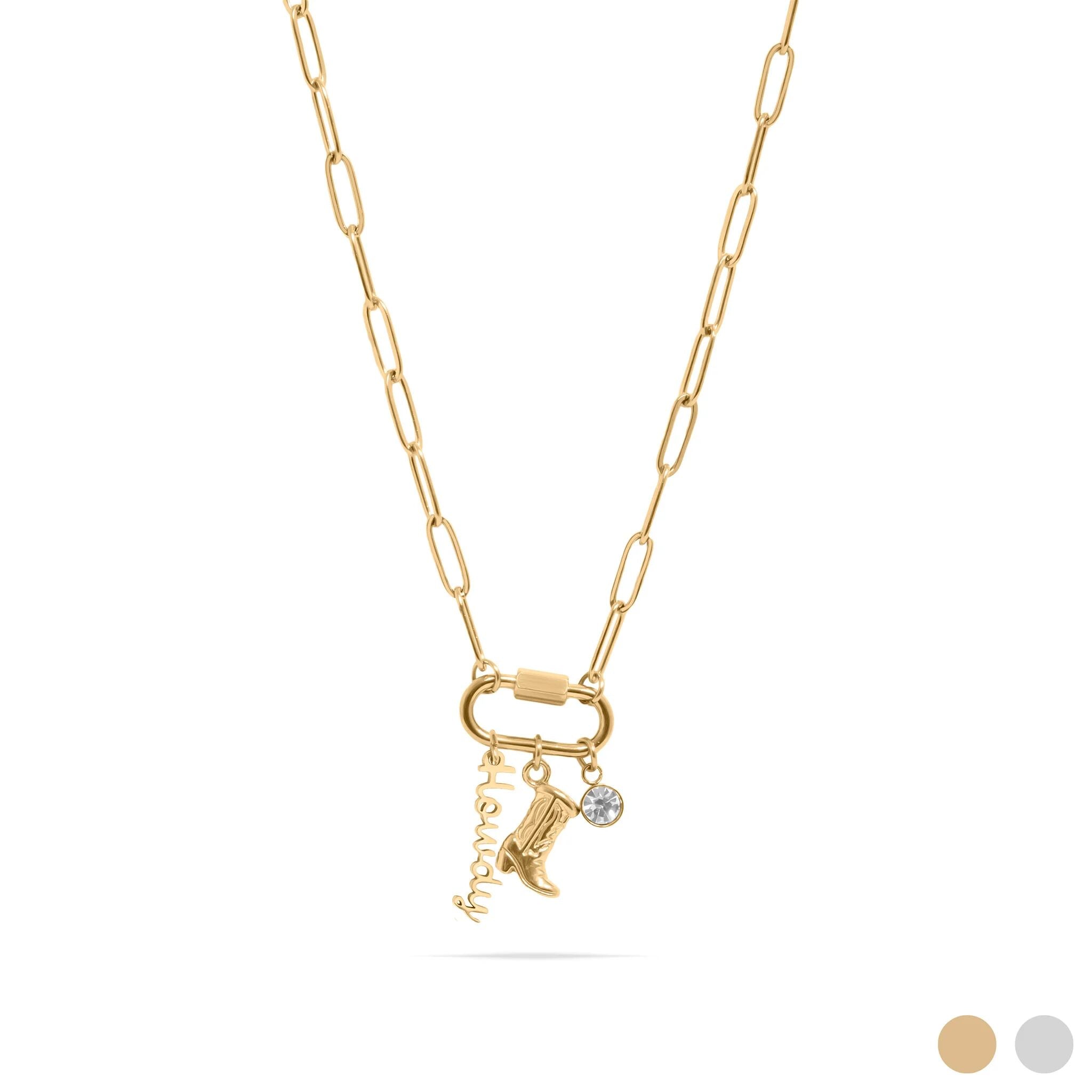 18K Gold PVD Stainless Steel Western Carabiner Necklace / CHN0132