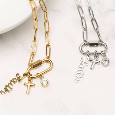 Wholesale jewelry 18K Gold PVD Stainless Steel The Faith Cross Carabiner Necklace Gift Set - stainless amd gold studio 