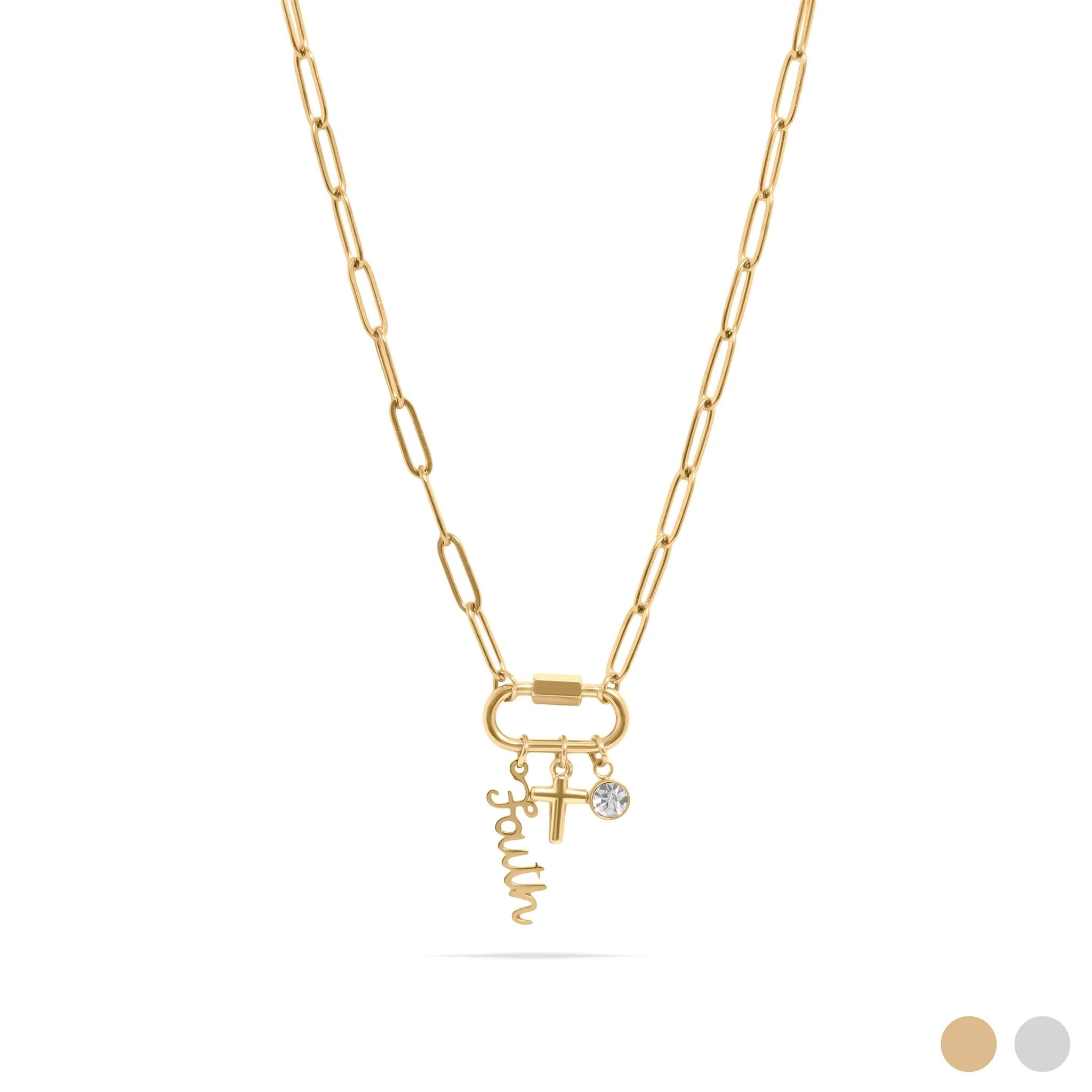 Gold necklace with a clasp and 'faith' charm on a white background