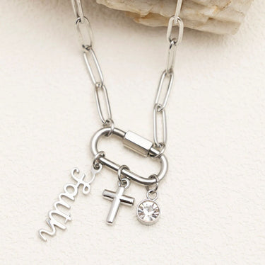 Silver Cross Carabiner Charm Necklace