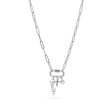 Silver necklace with 'faith' charm on a white background
