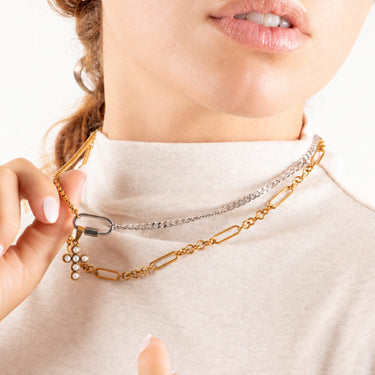 Wholesale jewelry 18K Gold PVD Stainless Steel Mixed Metal Carabiner Charm Holder Necklace- mixed metal model