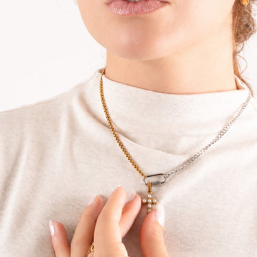 Wholesale jewelry 18K Gold PVD Stainless Steel Mixed Metal Carabiner Charm Holder Necklace- mixed metal model