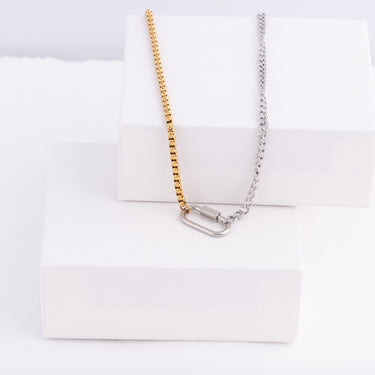 Wholesale jewelry 18K Gold PVD Stainless Steel Mixed Metal Carabiner Charm Holder Necklace- mixed metal studio