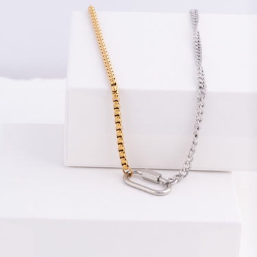 Wholesale jewelry 18K Gold PVD Stainless Steel Mixed Metal Carabiner Charm Holder Necklace- mixed metal studio