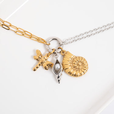 Mixed Metal Double Chain Charm Holder Necklace