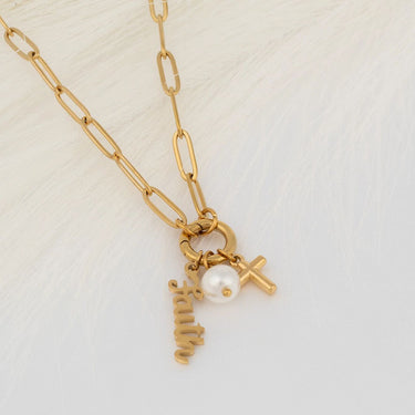 Wholesale jewelry 18K Gold PVD Stainless Steel Faith Charm Holder Necklace Gift Set - gold studio 
