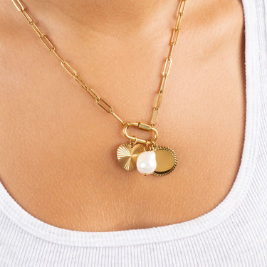 Wholesale jewelry 18K Gold PVD Stainless Steel Pearl Sunburst Charm Holder Necklace Gift Set- gold model 