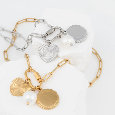 Wholesale jewelry 18K Gold PVD Stainless Steel Pearl Sunburst Charm Holder Necklace Gift Set- stainless and gold studio 