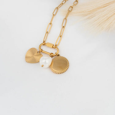 Wholesale jewelry 18K Gold PVD Stainless Steel Pearl Sunburst Charm Holder Necklace Gift Set- gold studio 