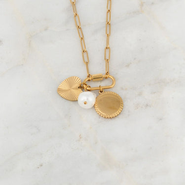 Wholesale jewelry 18K Gold PVD Stainless Steel Pearl Sunburst Charm Holder Necklace Gift Set- gold studio 