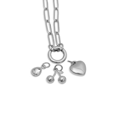 Silver necklace with various pendants on a white background