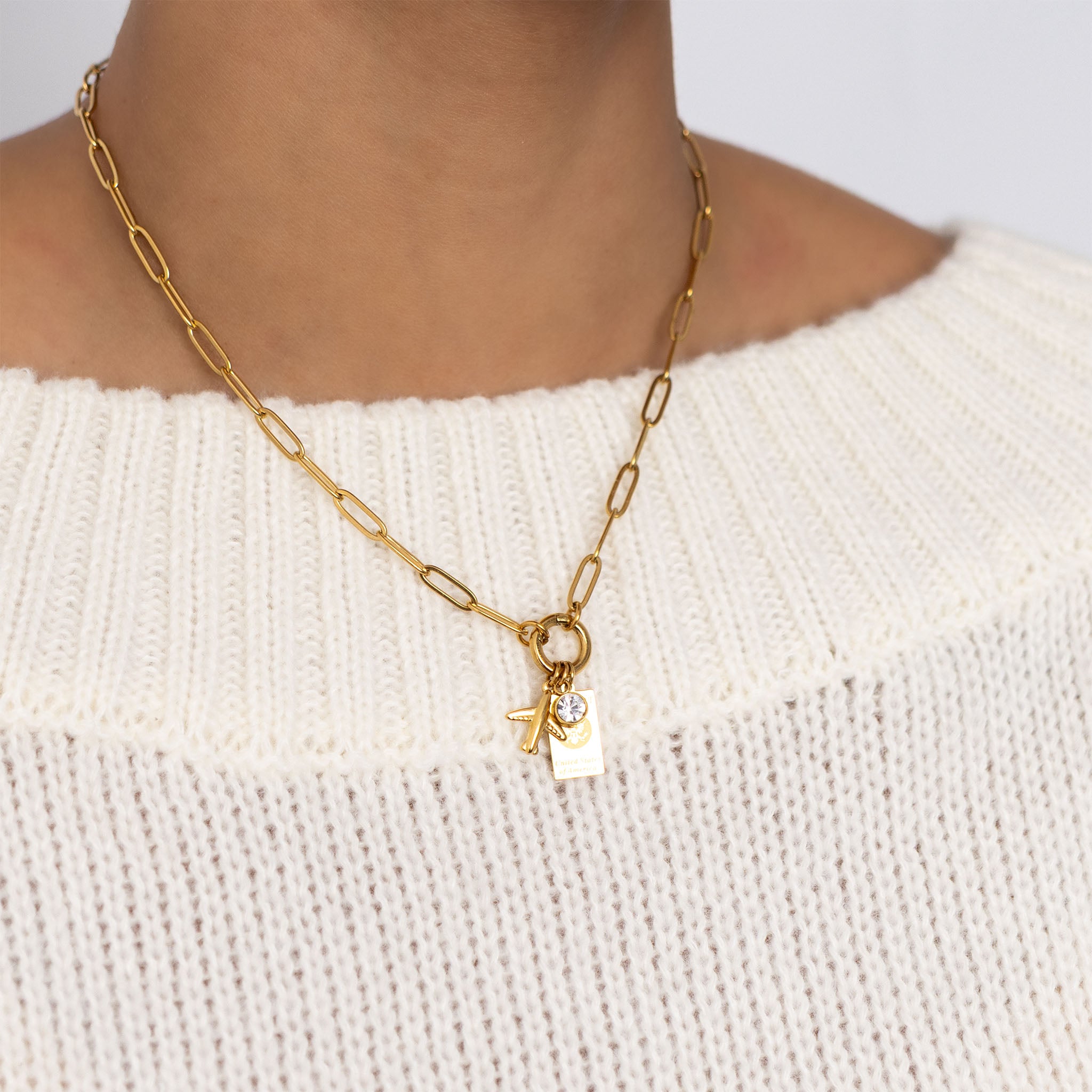 18K Gold PVD Stainless Steel Travel Charm Holder Necklace Gift Set / CHN0147