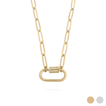 18K Gold PVD Stainless Steel CZ Stone Carabiner Necklace / CHN0151