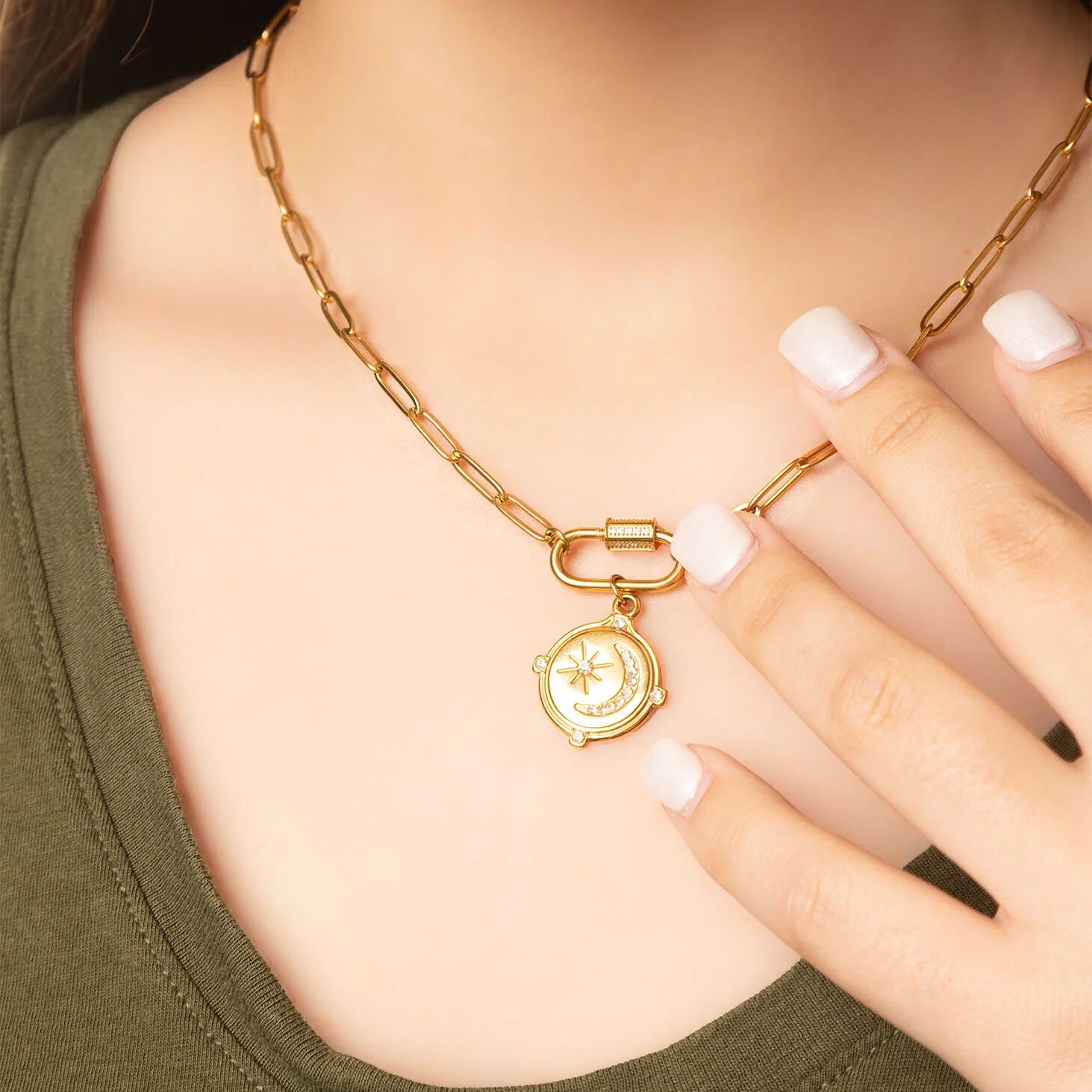 18K Gold PVD Stainless Steel CZ Stone Carabiner Necklace / CHN0151