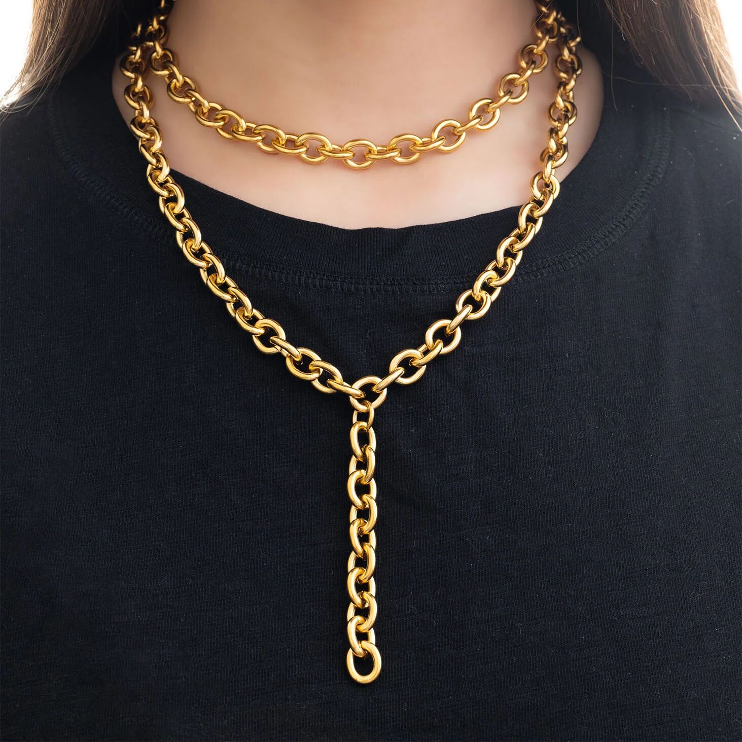 18K Gold PVD Stainless Steel Chunky Chain Lariat Necklace / CHN0153
