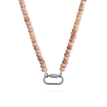 Necklace with beige and brown beads and a silver clasp on a white background