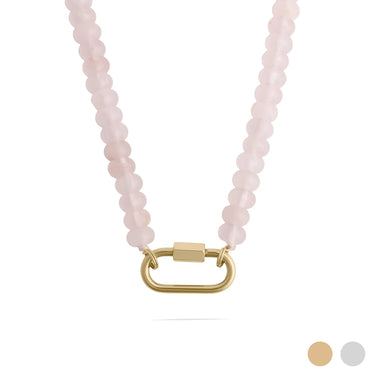 Necklace with pink beads and a gold clasp on a white background