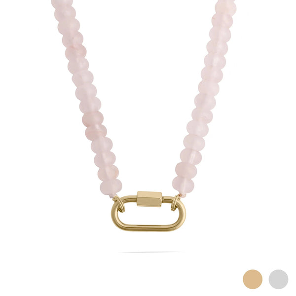 Stainless Steel Pink Chunky Glass Bead Carabiner Necklace