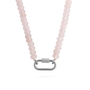 Carabiner Beaded Necklace with pink beads and a silver clasp on a white background
