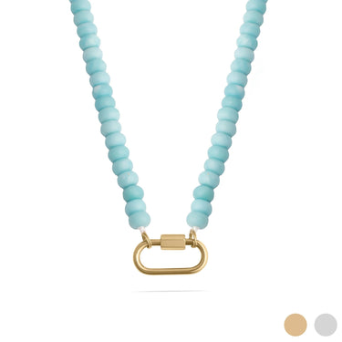 Light blue beaded necklace with a gold clasp on a white background