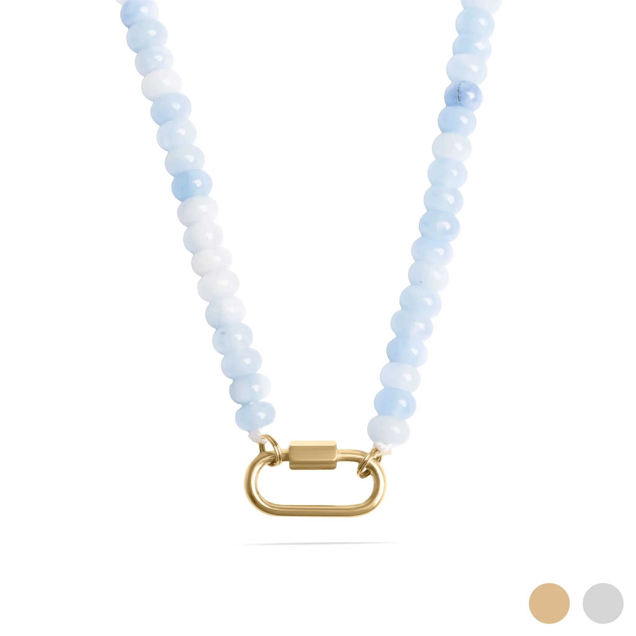 Necklace with light blue beads and a gold clasp on a white background