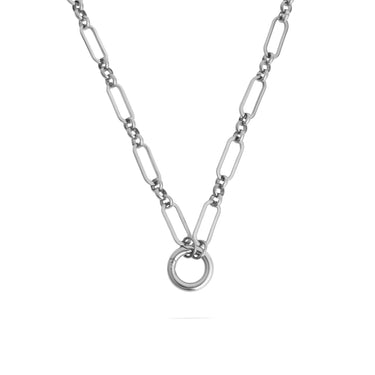 Silver chain necklace with a round pendant on a white background