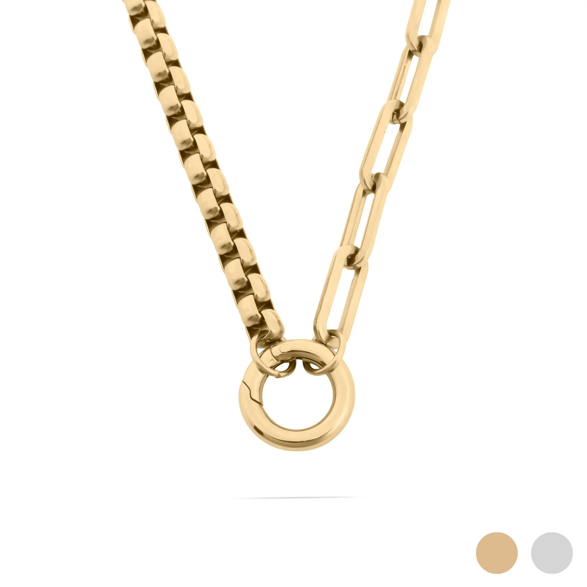 Gold chain necklace with a round clasp on a white background