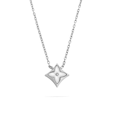 Silver star-shaped pendant necklace on a white background