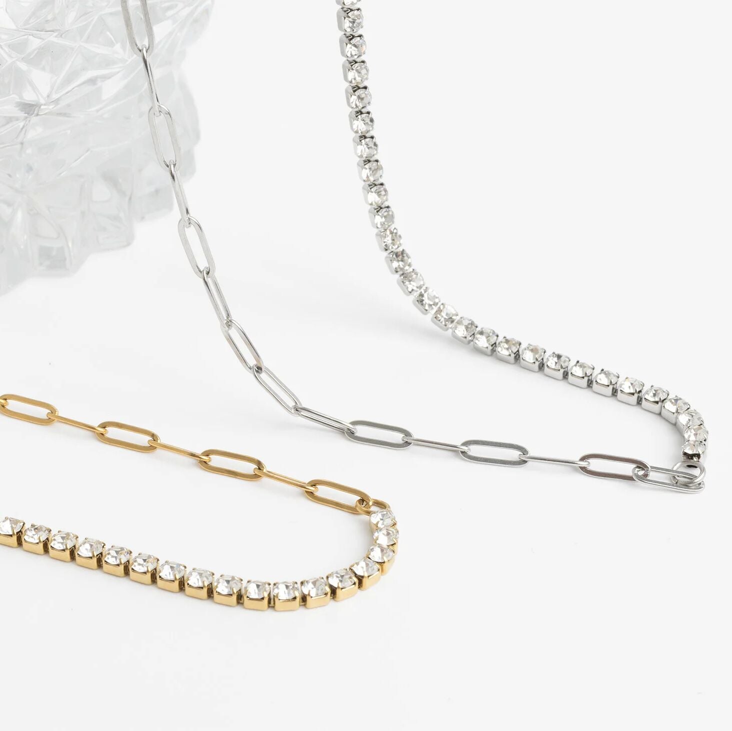 18K Gold PVD Stainless Steel Paperclip Tennis Chain Split Necklace / C ...