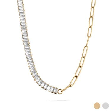 18K Gold PVD Stainless Steel Paperclip Emerald CZ Tennis Chain Split Necklace / CHN0164
