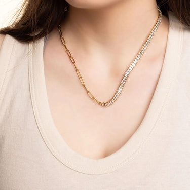 18K Gold PVD Stainless Steel Paperclip Emerald CZ Tennis Chain Split Necklace / CHN0164