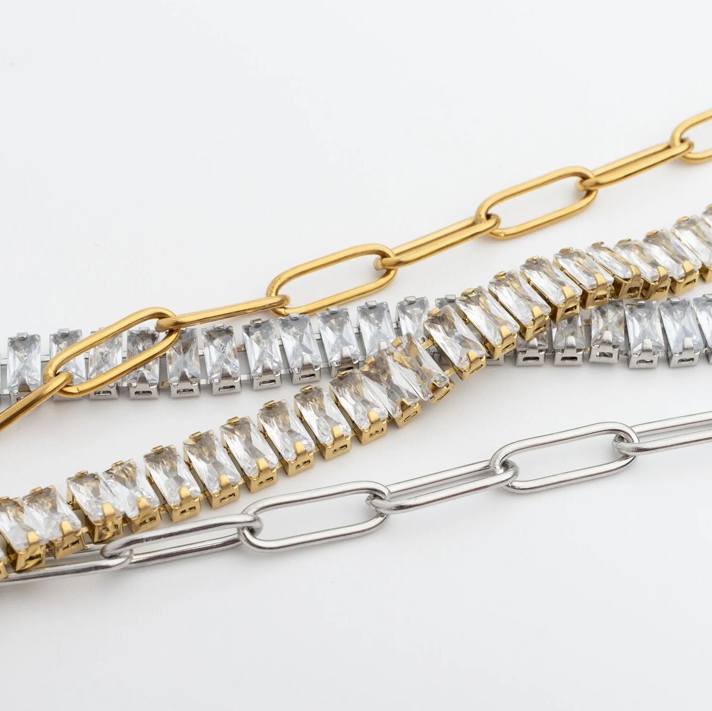 18K Gold PVD Stainless Steel Paperclip Emerald CZ Tennis Chain Split N ...