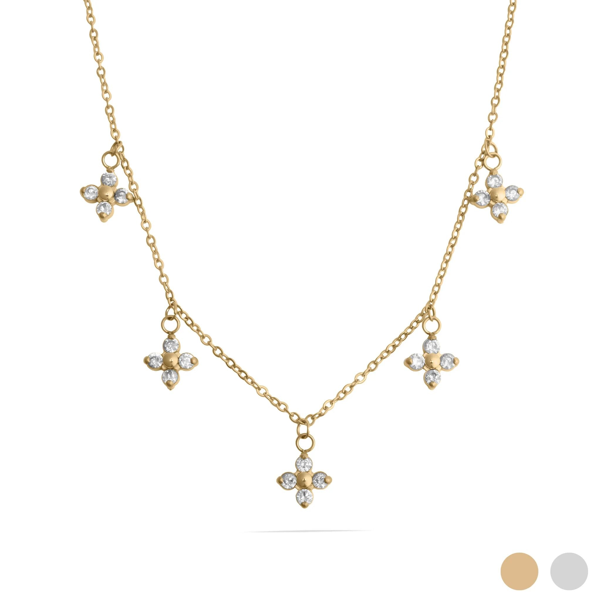 Gold necklace with flower-shaped pendants on a white background