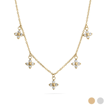 Gold necklace with flower-shaped pendants on a white background
