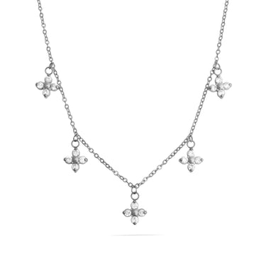 Silver necklace with floral pendants on a white background