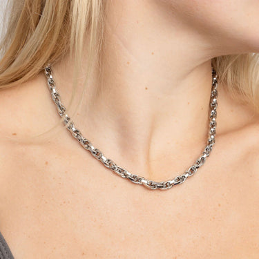Silver chain necklace on a person's neck
