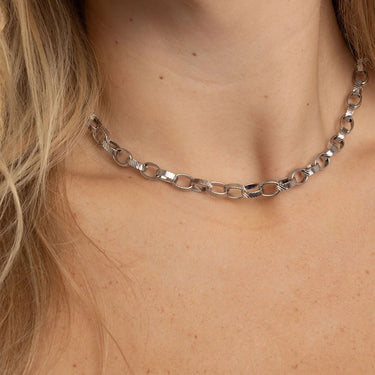 Silver chain necklace on a person's neck