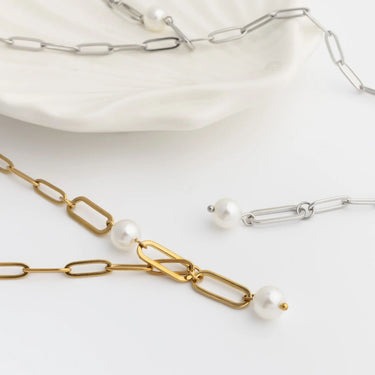 18K Gold PVD Stainless Steel Y Paperclip Necklace with Pearl- gold and silver studio 