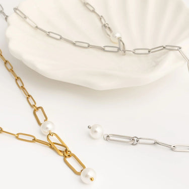 18K Gold PVD Stainless Steel Y Paperclip Necklace with Pearl- gold and silver studio 