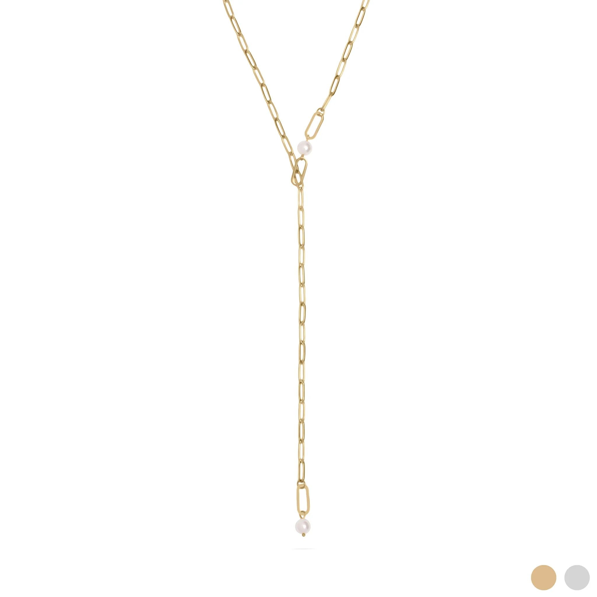 18K Gold PVD Stainless Steel Y Paperclip Necklace with Pearl / CHN0171