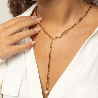 18K Gold PVD Stainless Steel Y Paperclip Necklace with Pearl- gold model 