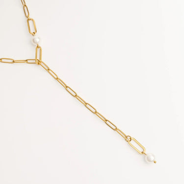 18K Gold PVD Stainless Steel Y Paperclip Necklace with Pearl- gold studio 