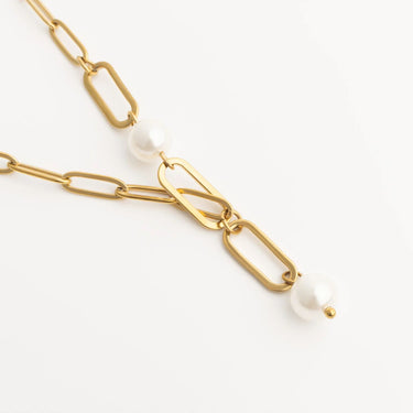 18K Gold PVD Stainless Steel Y Paperclip Necklace with Pearl- gold studio 