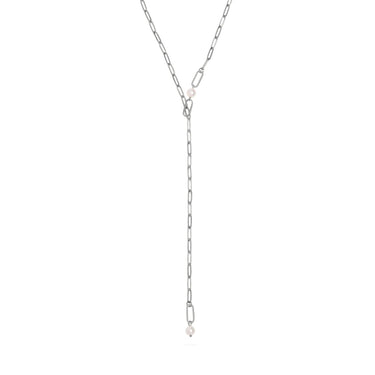 18K Gold PVD Stainless Steel Y Paperclip Necklace with Pearl- silver main 