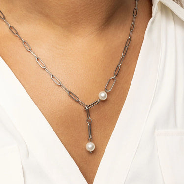 18K Gold PVD Stainless Steel Y Paperclip Necklace with Pearl- silver model 