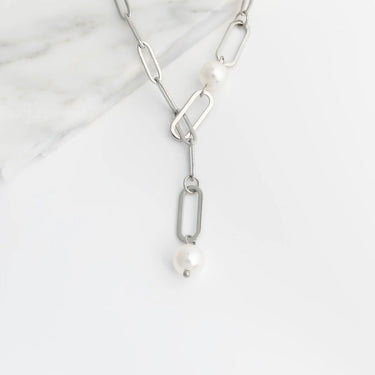 18K Gold PVD Stainless Steel Y Paperclip Necklace with Pearl- silver studio 