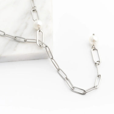 18K Gold PVD Stainless Steel Y Paperclip Necklace with Pearl- silver studio 