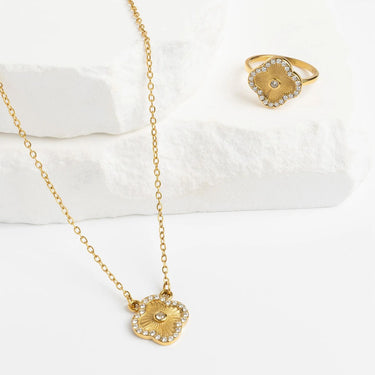 18K Gold PVD Stainless Steel Floral Motif Necklace with Stone- gold studio 